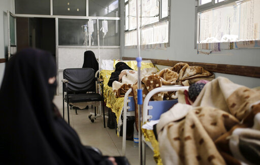 Women are treated for suspected cholera infection at a hospital in Sanaa, Yemen, Thursday, Mar. 28, 2019. A United Nations humanitarian agency said on Monday that Yemen has witnessed a sharp spike in the number of suspected cholera cases this year, as well as increased displacement in a northern province. (AP Photo/Hani Mohammed)