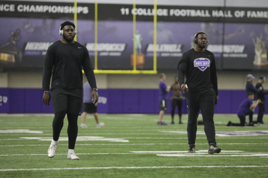 Collier and Ben Banogu went through drills for the Tennessee Titans head coach and the Indianapolis Colts defensive coordinator at the TCU Pro Day. Photo by Heesoo Yang. 