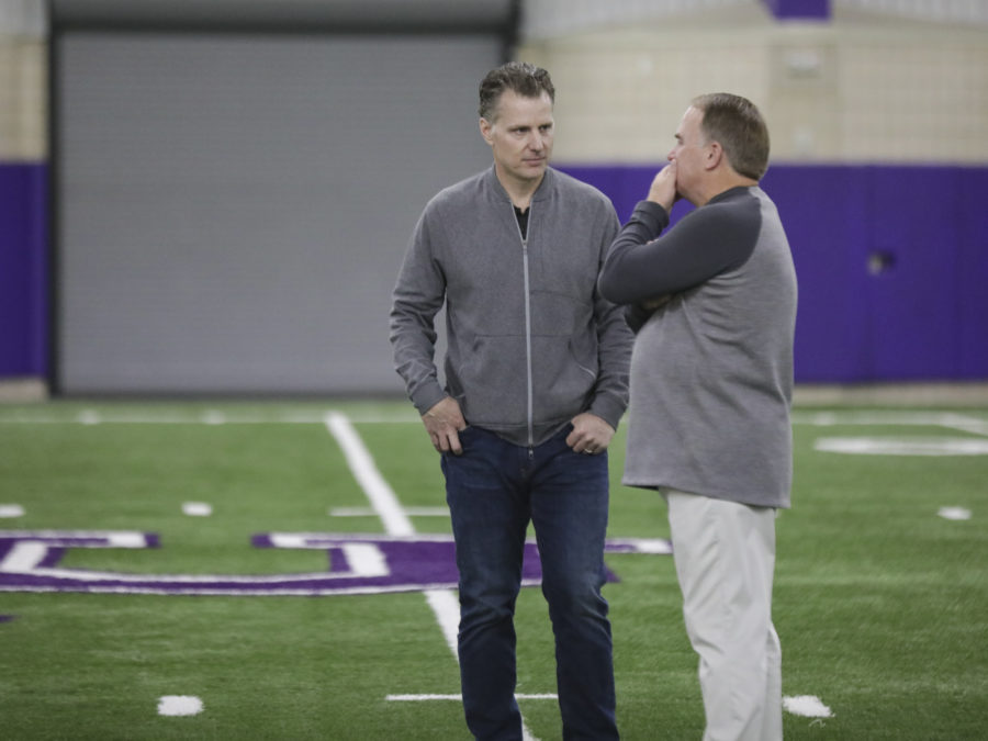 Pattersons speaks with Indiapolis Colts Defensive Coordinator Matt Eberflus at TCUs Pro Day earlier this month. Photo by Heesoo Yang