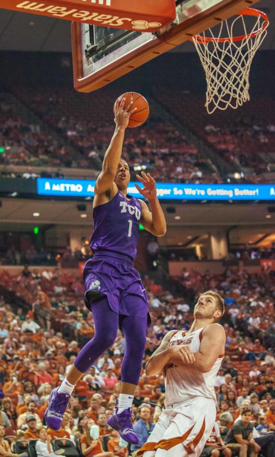 TCU guard Desmond Bane finishes in transition for two of his career-high 34 points. Photo by Cristian ArguetaSoto. 