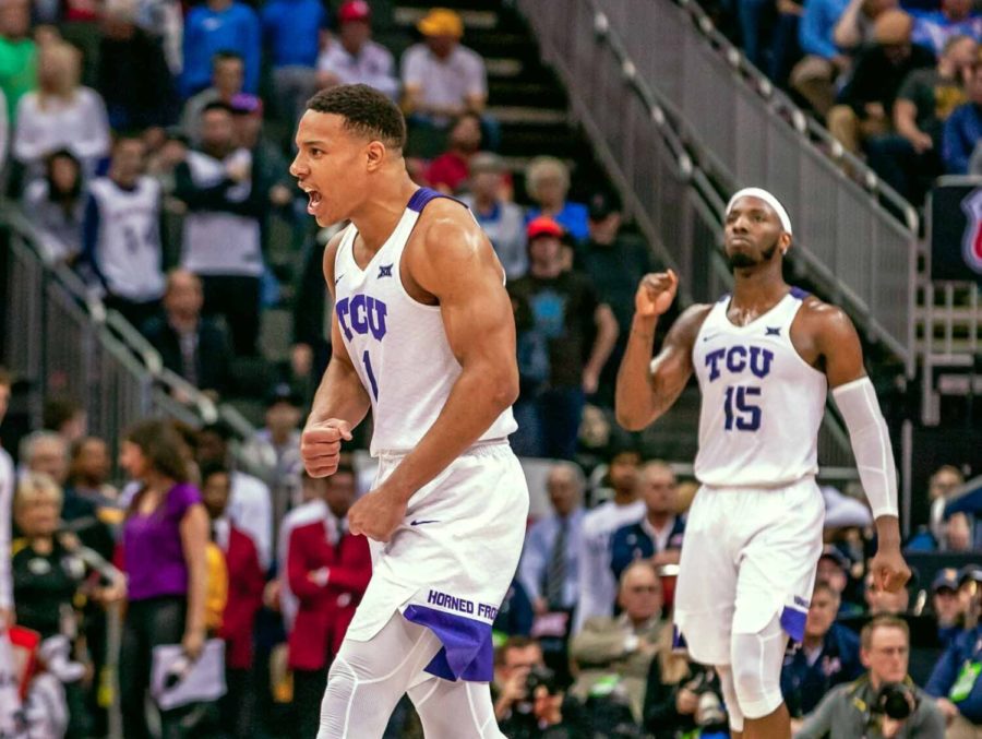 TCU guard Desmond Bane (1) and JD Miller (15) celebrate the Horned Frogs narrow win over Oklahoma State after Bane hit the go-ahead three-pointer in March 2019. (Cristian ArguetaSoto/Staff Photographer)