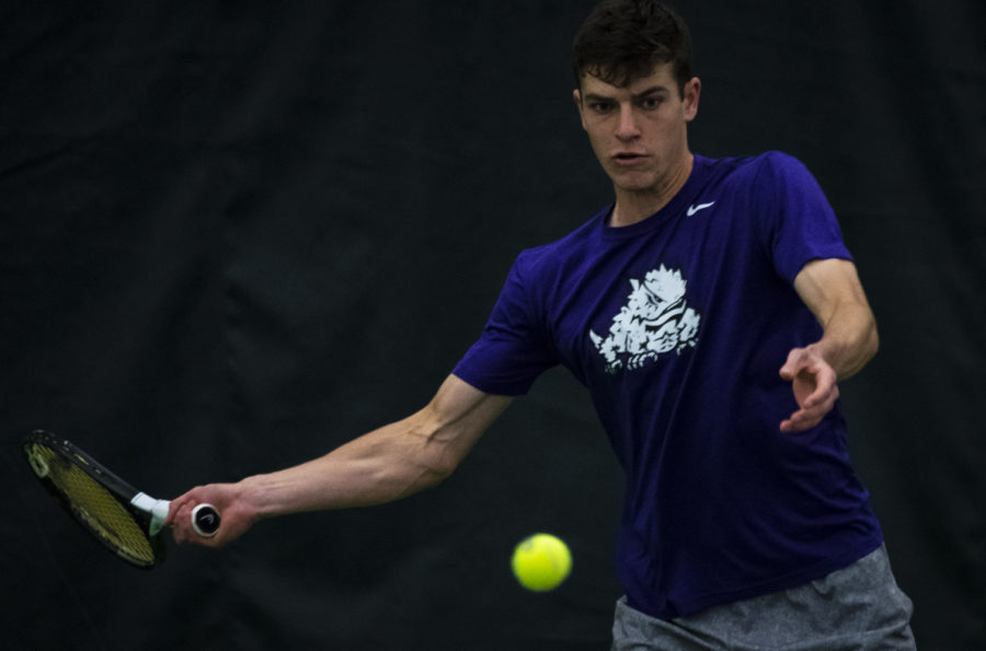 Alastair Gray readies for a volley against No. 11 Illinois on March 3, 2019. Photo by Jack Wallace