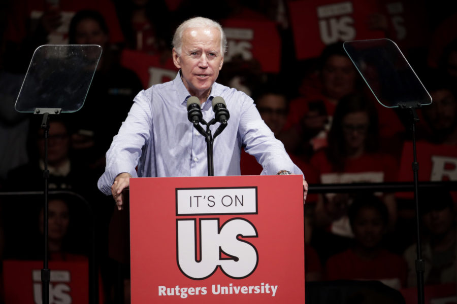 Former Vice President Joe Biden delivers remarks regarding sexual violence on college campuses during a visit to Rutgers University, Thursday, Oct. 12, 2017, in New Brunswick, N.J. (AP Photo/Julio Cortez)
