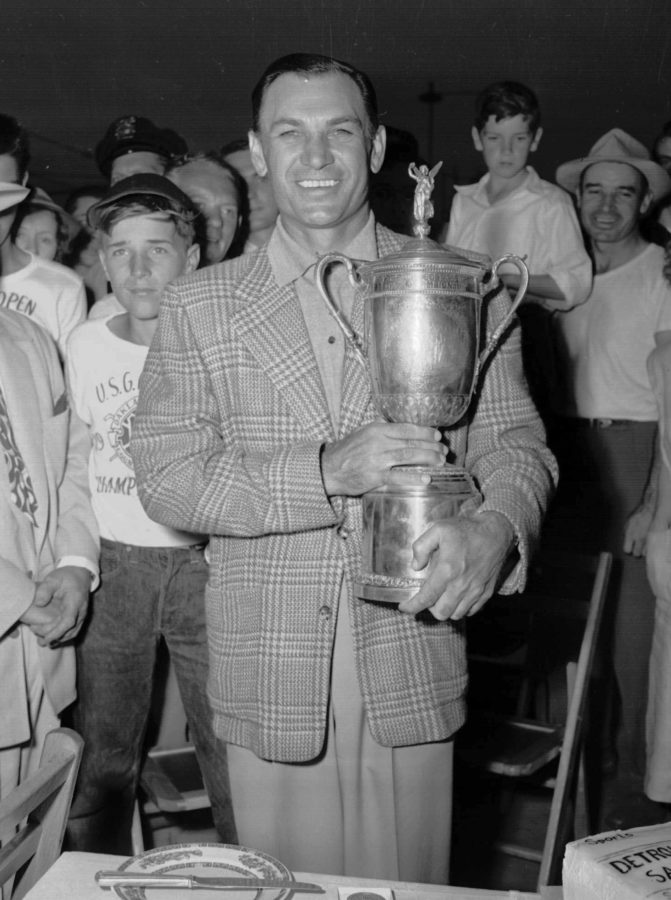 FILE - In this June 16, 1951, file photo, Ben Hogan holds the trophy after he won the U.S. Open golf tournament in Birmingham, Mich. With due respect to Johnny Miller and his 63 at Oakmont, one can make an argument that the greatest closing round in U.S. Open history belongs to Hogan at Oakland Hills.  (AP Photo/File)