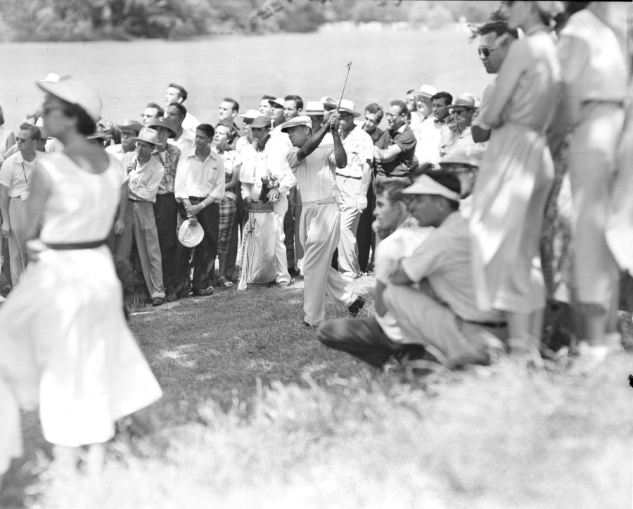 Ben Hogan of Palm Springs, Calif., winner of last years Colonial National Invitational golf tournament, gets out of the rough on the 6th fairway during the first round of the tournament at Fort Worth, Texas, May 21, 1953. Hogan came in with a 73, three strokes over par. (AP Photo/Carl E. Linde)