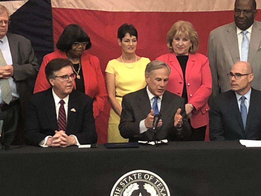 Texas Gov. Greg Abbott speaks at an elementary school in Austin as he signs HB-3, school finance reform, into law. (Photo courtesy of Michael Rogers)