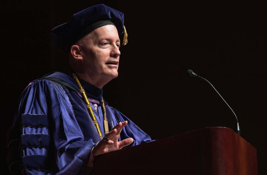 Chancellor Boschini addresses the crowd at Fall Convocation. Photo by Cristian ArgeutaSoto.