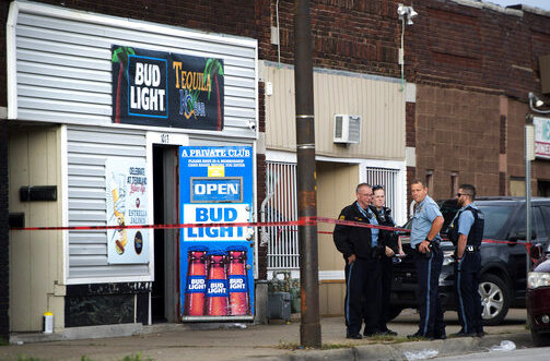 Kansas City, Kansas police investigate the scene of a shooting at Tequila KC Bar Sunday, Oct. 6, 2019, in Kansas City, Kan. (Tammy Ljungblad/The Kansas City Star via AP)