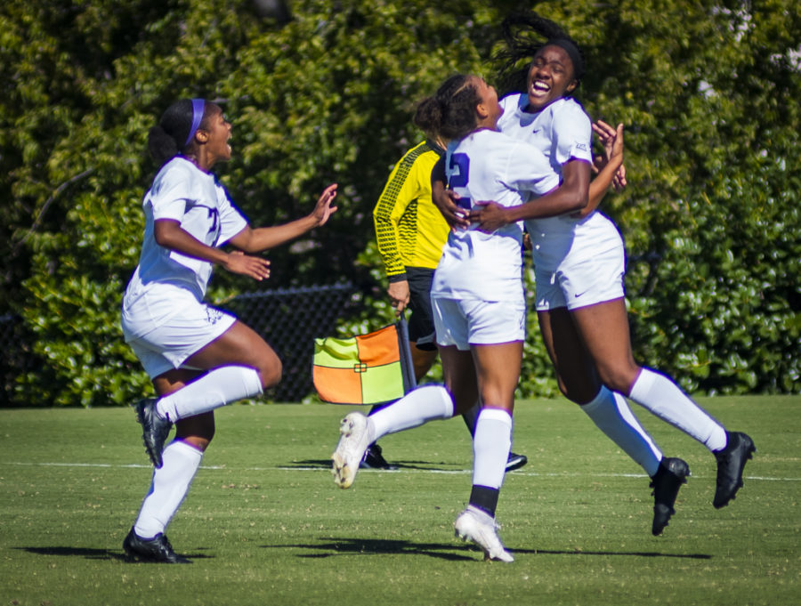 Yazmeen+Ryan+and+Messiah+Bright+celebrate+a+late+equalizer+against+Kansas.+Photo+by+Jack+Wallace