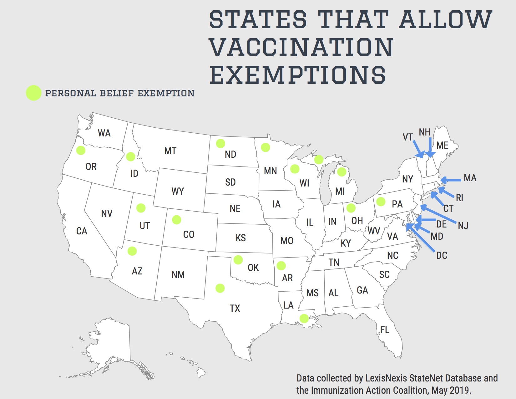 States that allow vaccination exemptions. 
created by Haven Hill

