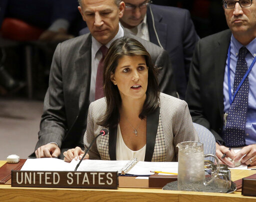 FILE-In this Monday, Nov. 26, 2018 file photo, United States Ambassador to the United Nations Nikki Haley speaks during a security council meeting at United Nations headquarters. President Donald Trumps former U.N. ambassador, Nikki Haley , alleges in her upcoming memoir that two top administration officials, then-Secretary of State Rex Tillerson and then-White House chief of staff John Kelly, tried to enlist her in opposing some of Trumps policies.  (AP Photo/Seth Wenig, File)