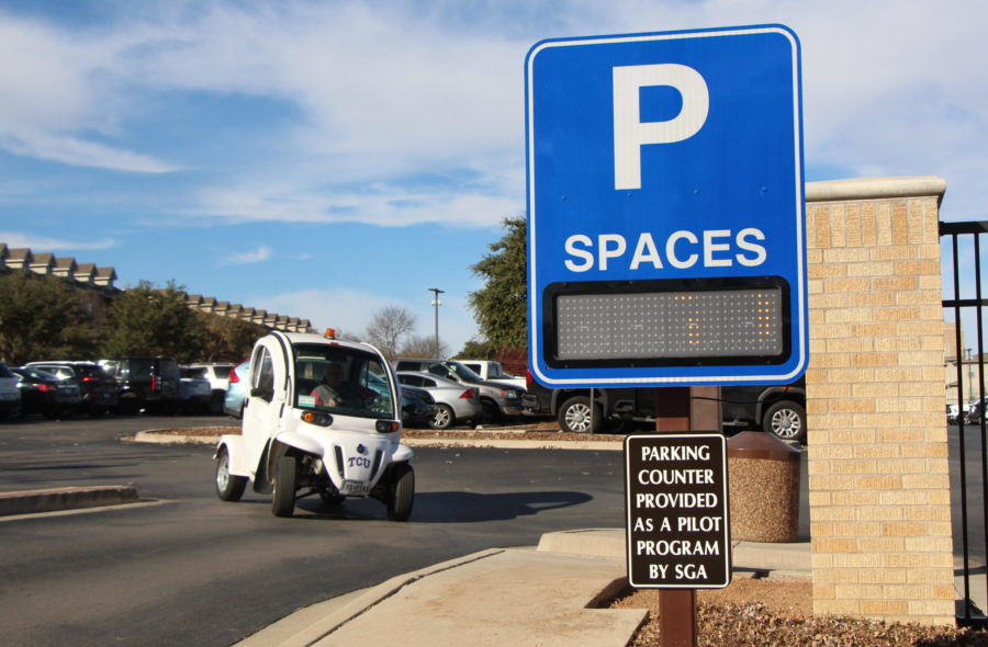 The sign, which is the only one on campus, shows how many spots are available in the 400-space lot. Photo by Renee Umsted