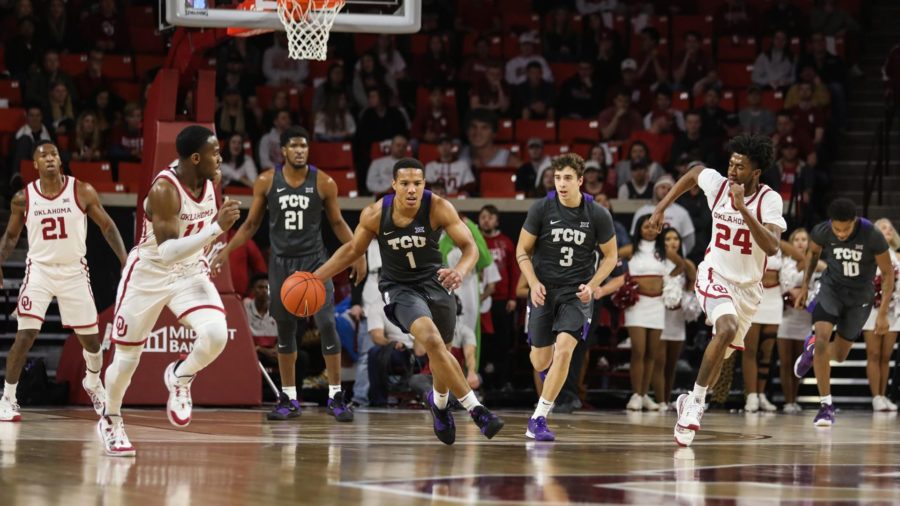 Guard Desmond Bane (1) posted 12 points for TCU in their loss to Oklahoma. Photo courtesy of GoFrogs.com.