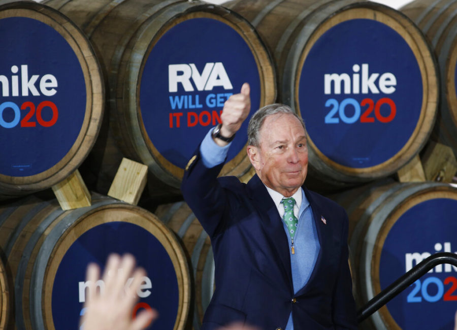 Democratic presidential candidate Mike Bloomberg gives his thumbs-up after speaking during a campaign event at Hardywood Park Craft Brewery in Richmond, Va., Saturday, Feb. 15, 2020. (James H. Wallace/Richmond Times-Dispatch via AP)