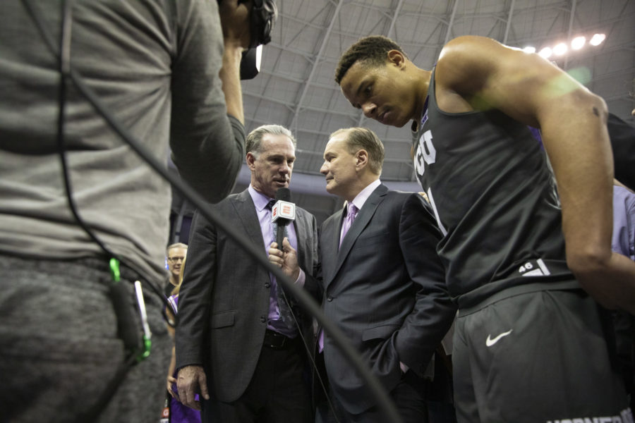 Head Coach Jamie Dixon and Desmond Bane (1) are being interviewed by an ESPN Reporter after the game.
Photo by Heesoo Yang