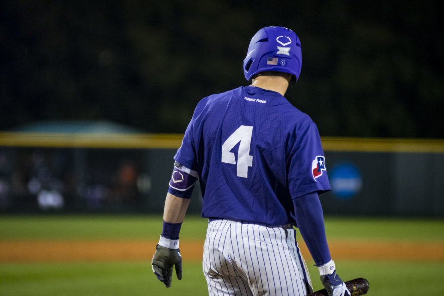 Kurtis Byrne steps up to the plate before his first career hit against Stephen F. Austin on Feb 26, 2020. Photo by Jack Wallace