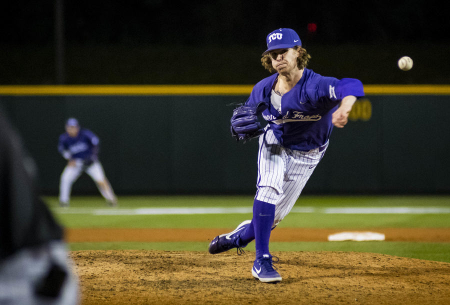 Haylen Green slings out a pitch versus Stephen F. Austin on Feb 26, 2020. Photo by Jack Wallace
