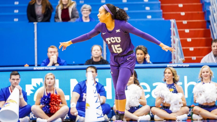 Jayde+Woods+finished+the+game+with+15+points+in+the+win+over+Kansas.+She+has+now+scored+10%2B+points+in+seven+straight+games.+Photo+Courtesy+of+GoFrogs.com