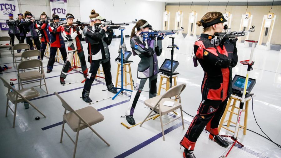 Members of TCU Rifle compete against Ole Miss on February 1, 2020. Photo courtesy of GoFrogs.com.
