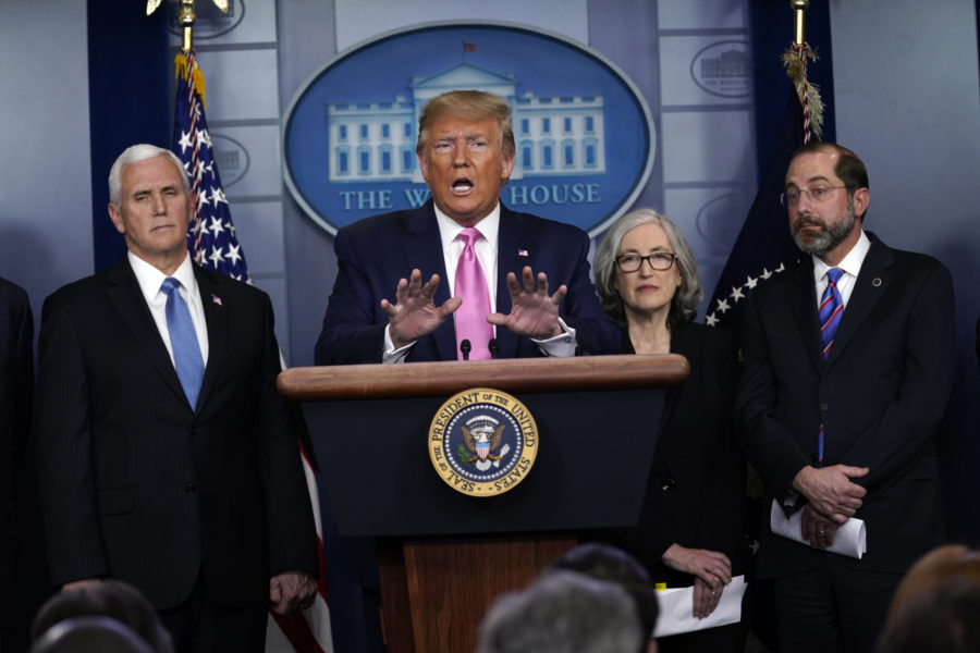 President Donald Trump with members of the President’s Coronavirus Task Force speaks during a news conference in the Brady Press Briefing Room of the White House, Wednesday, Feb. 26, 2020, in Washington. (AP Photo/Evan Vucci)