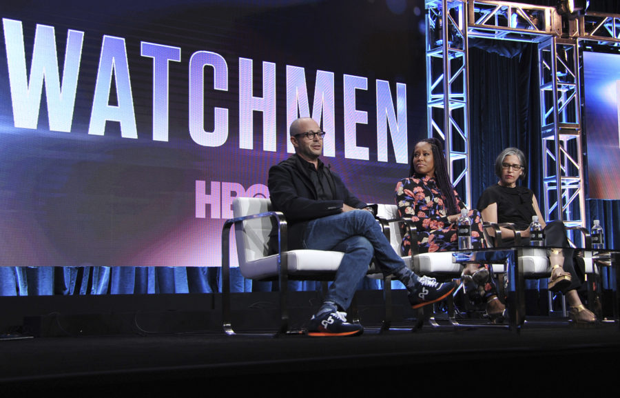 Writer/executive producer Damon Lindelof, from left, Regina King and director/executive producer Nicole Kassell participate in HBOs Watchmen panel at the Television Critics Association Summer Press Tour on Wednesday, July 24, 2019, in Beverly Hills, Calif. (Photo by Richard Shotwell/Invision/AP)