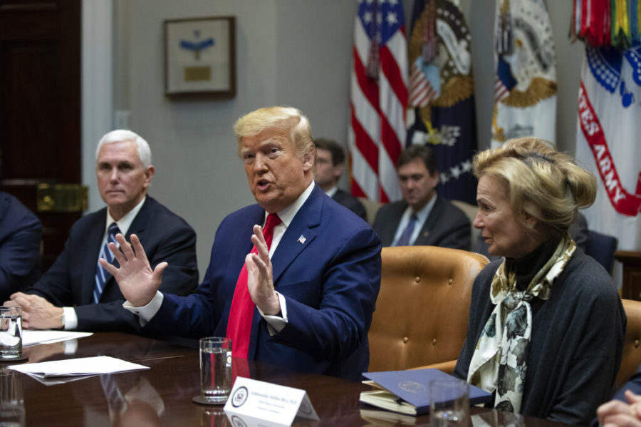 President Donald Trump with Vice President Mike Pence and White House coronavirus response coordinator Dr. Deborah Birx, speaks during a coronavirus briefing with Airline CEOs in the Roosevelt Room of the White House, Wednesday, March 4, 2020, in Washington. (AP Photo/Manuel Balce Ceneta)