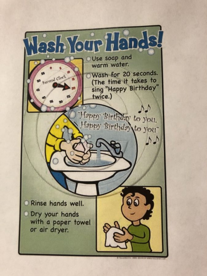 A poster in the bathroom of Dr. Amy Langs office about practicing good hygiene. Photo by Dr. Amy Lang.