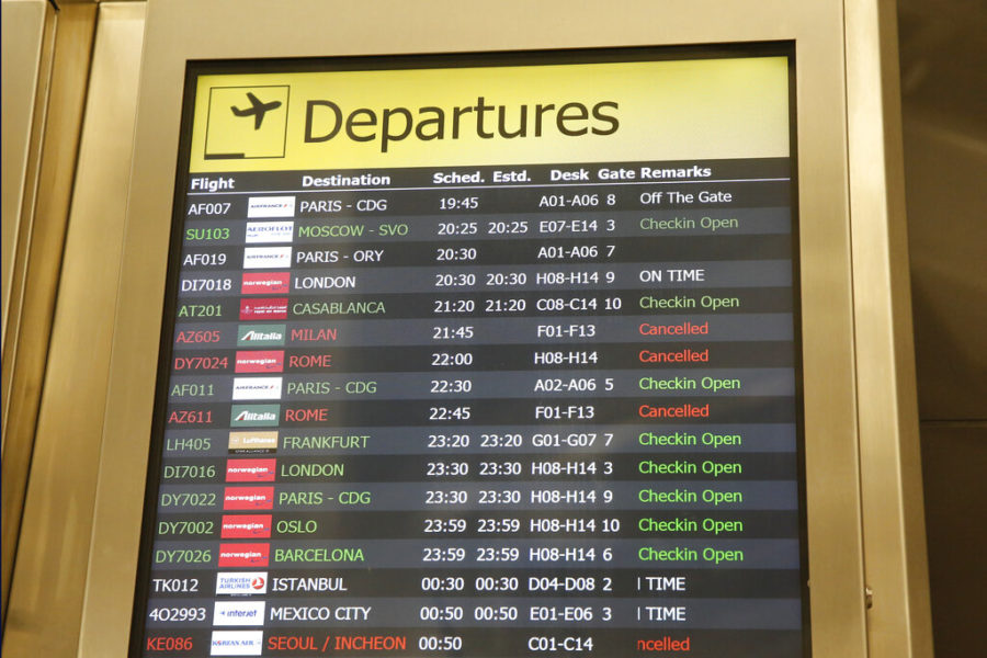 Several airlines with canceled flights are shown on a departures board at JFK airports Terminal 1, Friday, March 13, 2020, in New York. The coronavirus outbreak is affecting the airline industry hard. Travelers from most European countries to the United States are banned for the next 30 days after President Trump announced the ban earlier in the week. Returning passengers will be screened. The global travel industry is already reeling from falling bookings and canceled reservations as people try to avoid contracting and spreading the virus.(AP Photo/Kathy Willens)