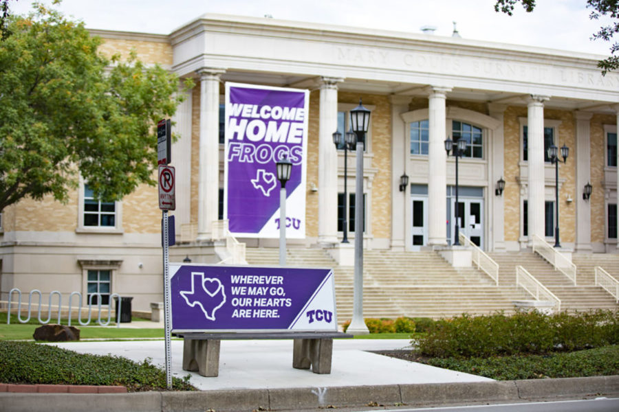 Banners welcome students back to the TCU campus.