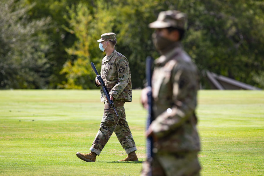 ROTC cadets train with dummy M4 rifles.