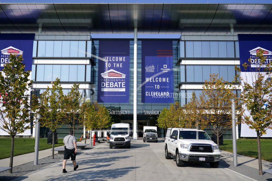 Preparations take place for the first Presidential debate outside the Sheila and Eric Samson Pavilion, Sunday, Sept. 27, 2020, in Cleveland. The first debate between President Donald Trump and Democratic presidential candidate, former Vice President Joe Biden is scheduled to take place Tuesday, Sept. 29. (AP Photo/Patrick Semansky)