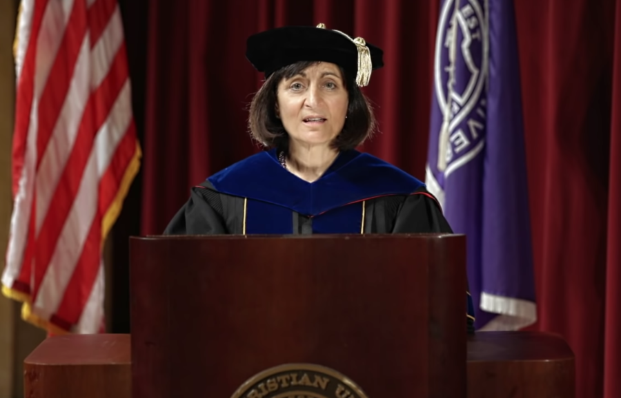 Provost and Vice Chancellor for Academic Affairs Teresa Dahlberg speaks at TCU’s 148th Convocation on Tuesday, Sept. 15, 2020. (Photo courtesy of TCUs Youtube channel)