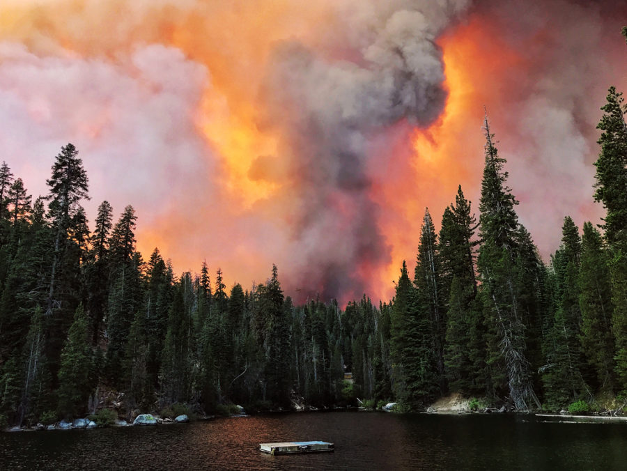 Clouds of smoke could be seen from Huntington Lake in California on Saturday, Sept. 5, 2020.  (Eric Paul Zamora/The Fresno Bee via AP)