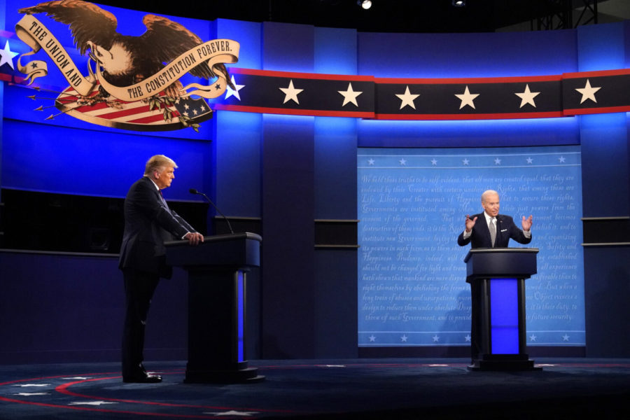 President Donald Trump, left, and former Vice President Joe Biden participate in the first presidential debate Tuesday, Sept. 29, 2020, at Case Western University and Cleveland Clinic, in Cleveland. (AP Photo/Julio Cortez)