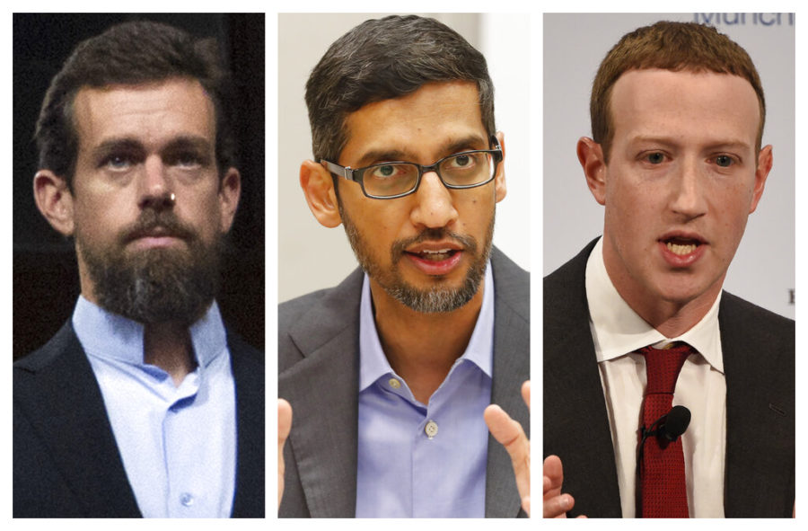 This combination of 2018-2020 photos shows, from left, Twitter CEO Jack Dorsey, Google CEO Sundar Pichai, and Facebook CEO Mark Zuckerberg. They are expected to testify in an Oct. 28, 2020 Senate hearing on tech companies’ control over hate speech and misinformation on their platforms. (AP Photo/Jose Luis Magana, LM Otero, Jens Meyer)