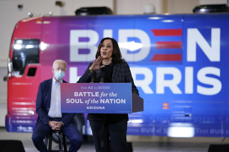 Democratic vice presidential candidate Sen. Kamala Harris, D-Calif., speaka at the Carpenters Local Union 1912 in Phoenix, Thursday, Oct. 8, 2020, to kick off a small business bus tour with Democratic presidential candidate former Vice President Joe Biden. (AP Photo/Carolyn Kaster)
