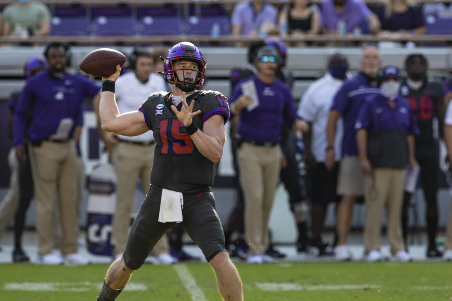 Quarterback Max Duggan throws a pass against Kansas State.