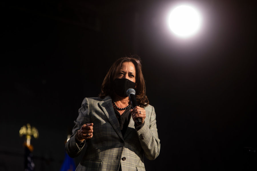 Sen. Kamala Harris speaking at a voter mobilization drive-in event in Las Vegas on Friday, Oct. 2. (Joe Buglewicz/The New York Times)