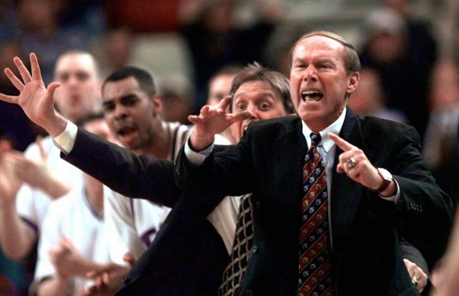 TCU head coach Billy Tubbs, front, and assistant coach Steve McClain shout instructions to their players during their opening round game Friday, March 13, 1998, in the NCAA Midwest Regional in Oklahoma City. Fifth-seeded TCU was upset by Florida State, 96-87. (AP Photo/John Gaps III)