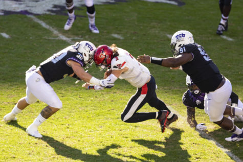 The TCU defense dominated Texas Tech quarterback Henry Colombi, sacking him five times on Nov. 7, 2020. (Heesoo Yang/Staff Photographer)