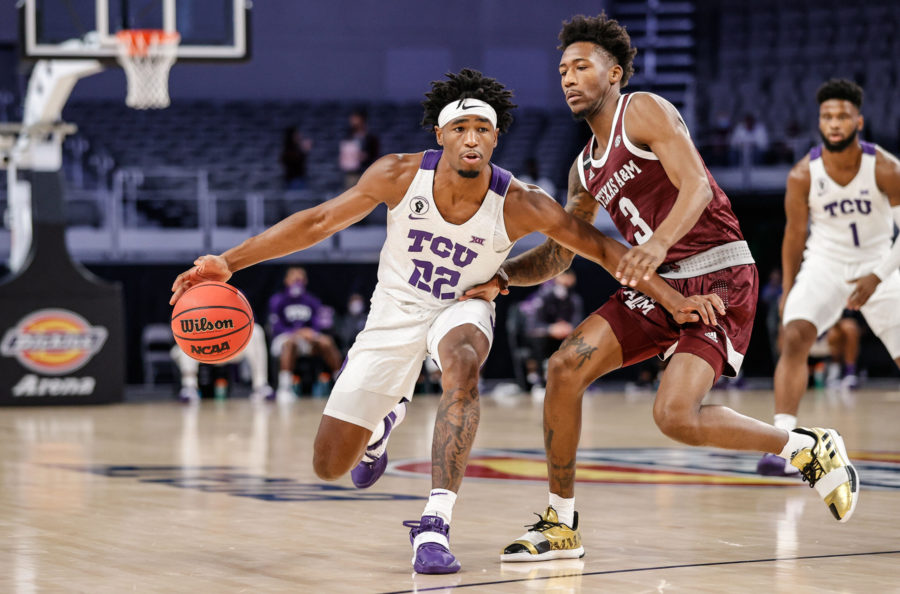 TCU guard R.J. Nembhard drives to the basket in a matchup with Texas A&M at Dickies Arena on Dec. 12, 2020. (Photo courtesy of gofrogs.com)