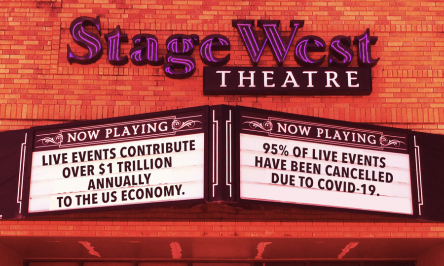 A marquee sign displays live event statistics at Stage West Theatre in Fort Worth, TX. (Facebook/Stage West Theatre)