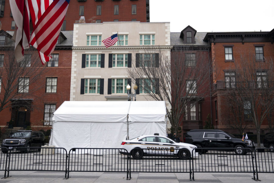 In this Jan. 25, 2021 photo, Secret Service vehicles parked outside of Blair House in Washington.  Blair House, the official government guest house, is serving as a temporary home for Vice President Kamala Harris. Vice presidents have an official residence on the grounds of Washingtons Naval Observatory.  Harris  (AP Photo/Evan Vucci)