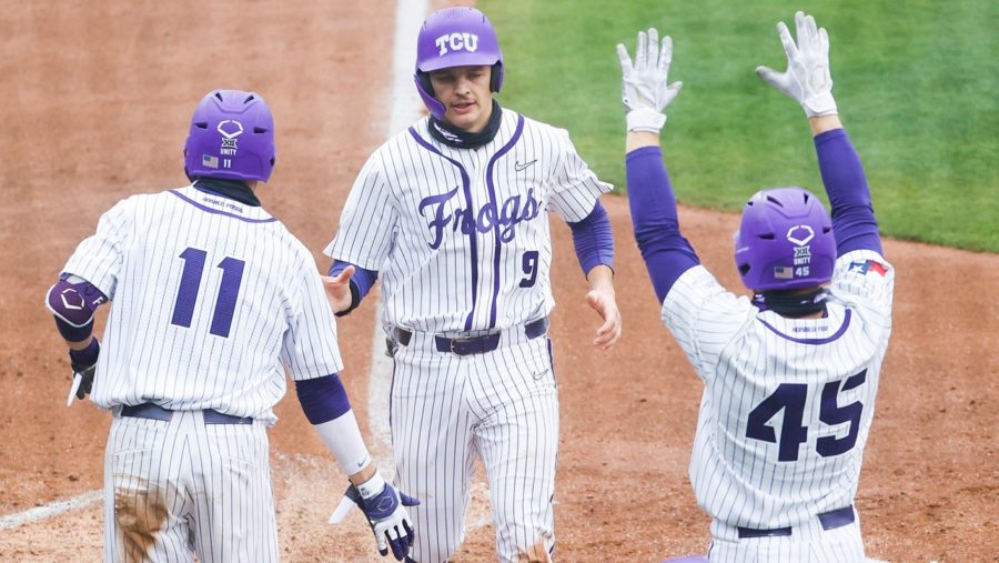 TCU celebrates during their 9-2 rout of Liberty in game one of a double-header with the Flames on Feb. 27, 2021. (Photo courtesy of gofrogs.com)