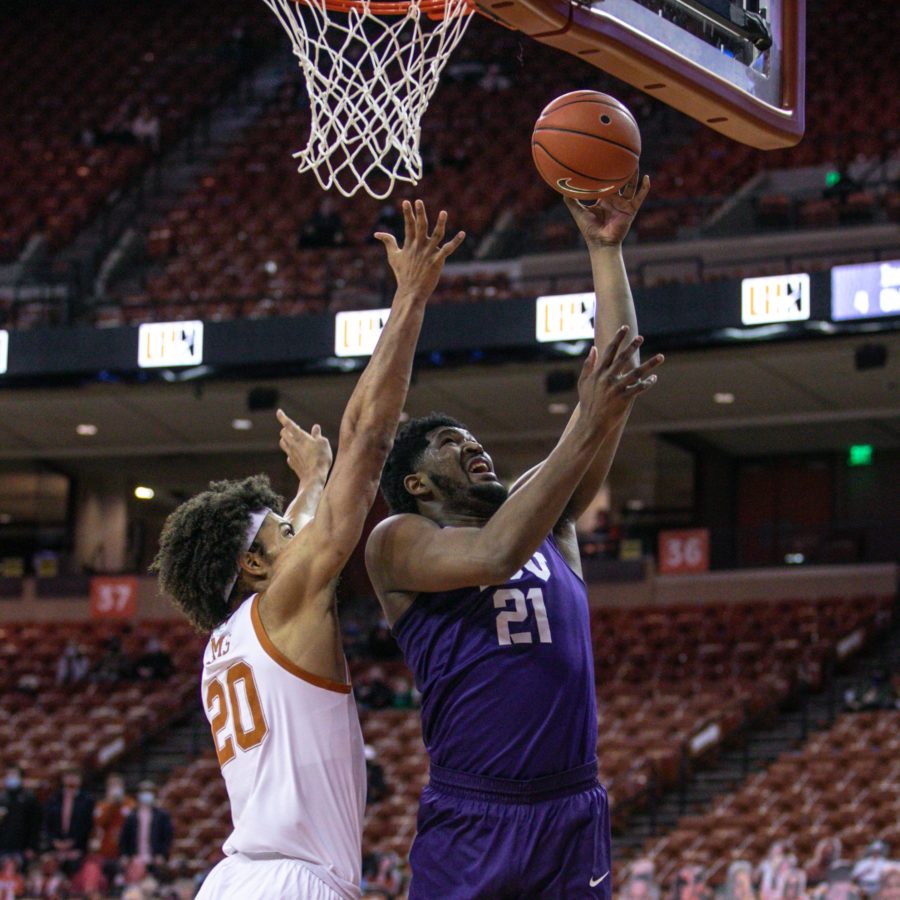 Center Kevin Samuel goes up for a layup during TCUs 70-55 loss to No. 13 Texas on Feb. 13, 2021. (Photo courtesy of gofrogs.com)