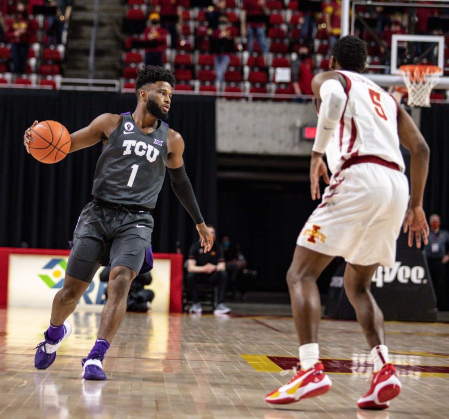 TCU+guard+Mike+Miles+tied+for+a+team-high+19+points+in+the+Frogs+four-point+win+over+the+Cyclones+on+Feb.+27%2C+2021.+%28Photo+courtesy+of+gofrogs.com%29