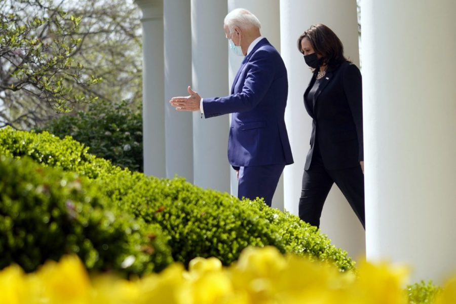 President Joe Biden and Vice President Kamala Harris arrives for an event about gun violence prevention in the Rose Garden at the White House, Thursday, April 8, 2021, in Washington. (AP Photo/Andrew Harnik)