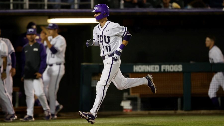Junior Phillip Sikes recorded seven hits (including three HR) and six RBIs this weekend to take home Big 12 Newcomer of the Week. (Photo courtesy of gofrogs.com)