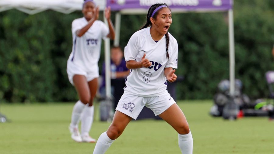 Figure 1 Oli Peña celebrates her first goal as a Horned Frog on Sunday, August 29 vs. UTRGV. Source: GoFrogs