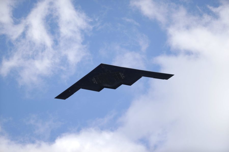 A B-2 Spirit stealth bomber, assigned to the 509th/131st Bomb Wings out of Whiteman Air Force Base, performs a flyover of Barnes-Jewish Hospital to honor healthcare professionals and essential employees fighting against the coronavirus Friday, May 8, 2020, in St. Louis. (AP Photo/Jeff Roberson)